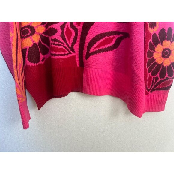 FARM RIO Cutout Asymmetrical Knit Bold Pink Floral Turtleneck Wool Blend Sweater - Picture 4 of 14
